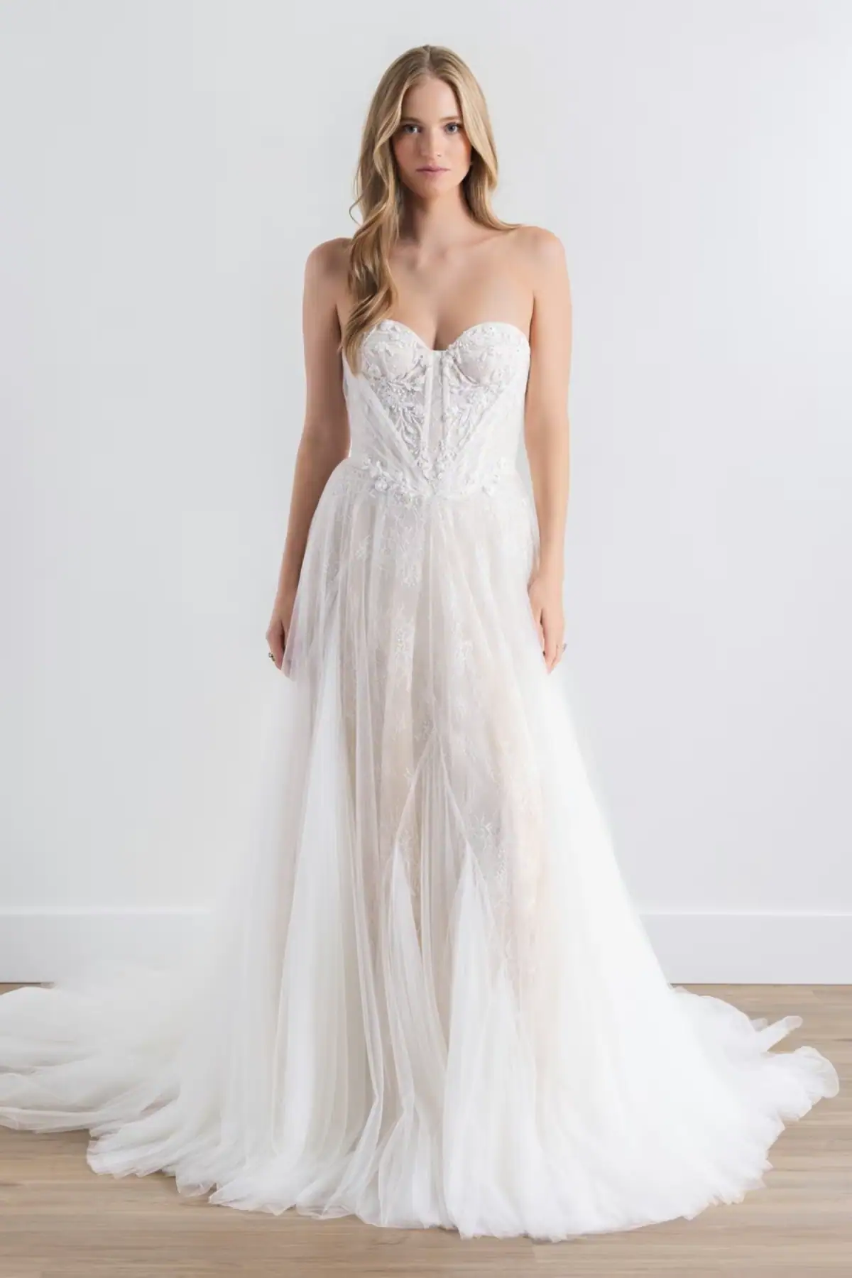 tulle and lace a-line wedding dress with floral detailed bodice