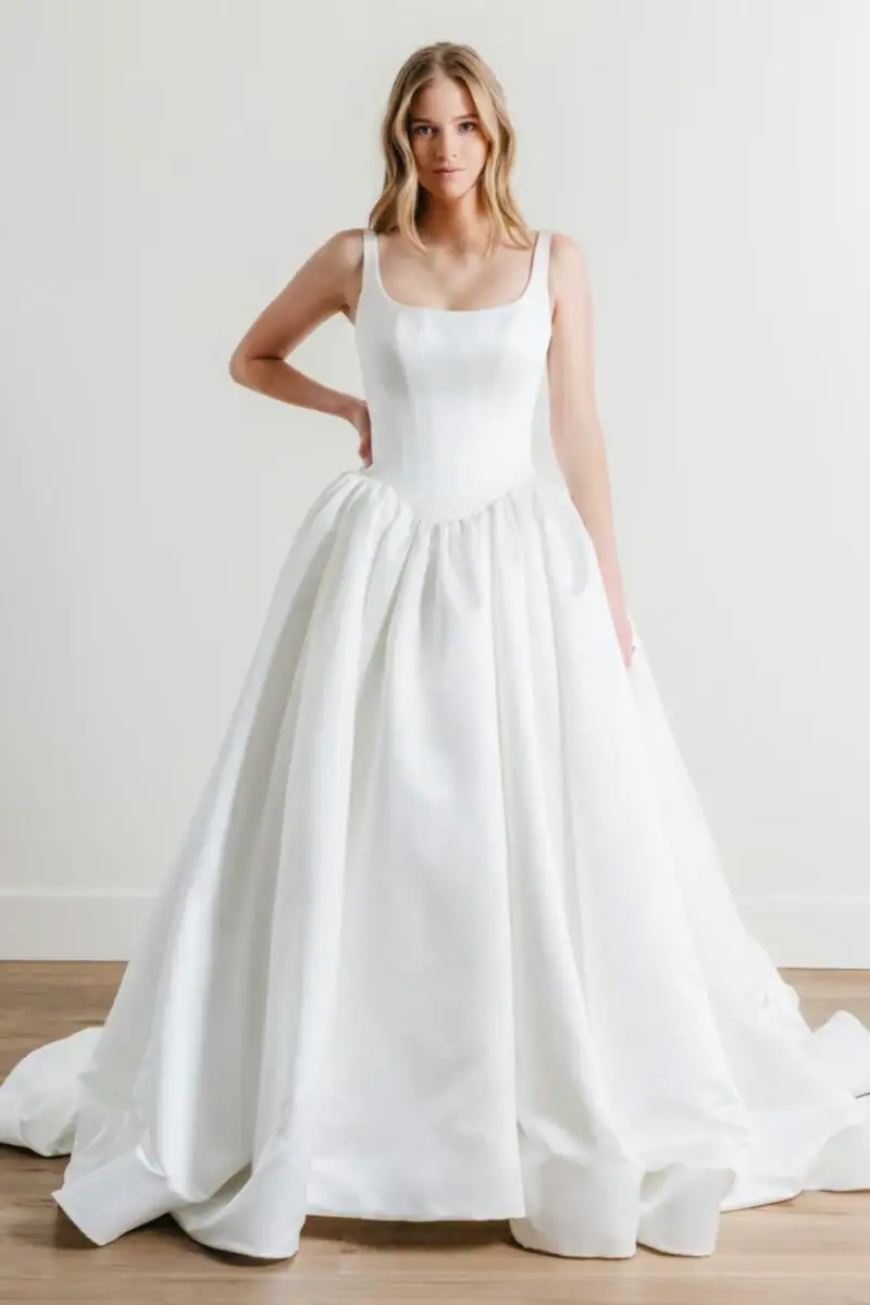 watters marissa silky ball gown with a basque waist and square neckline