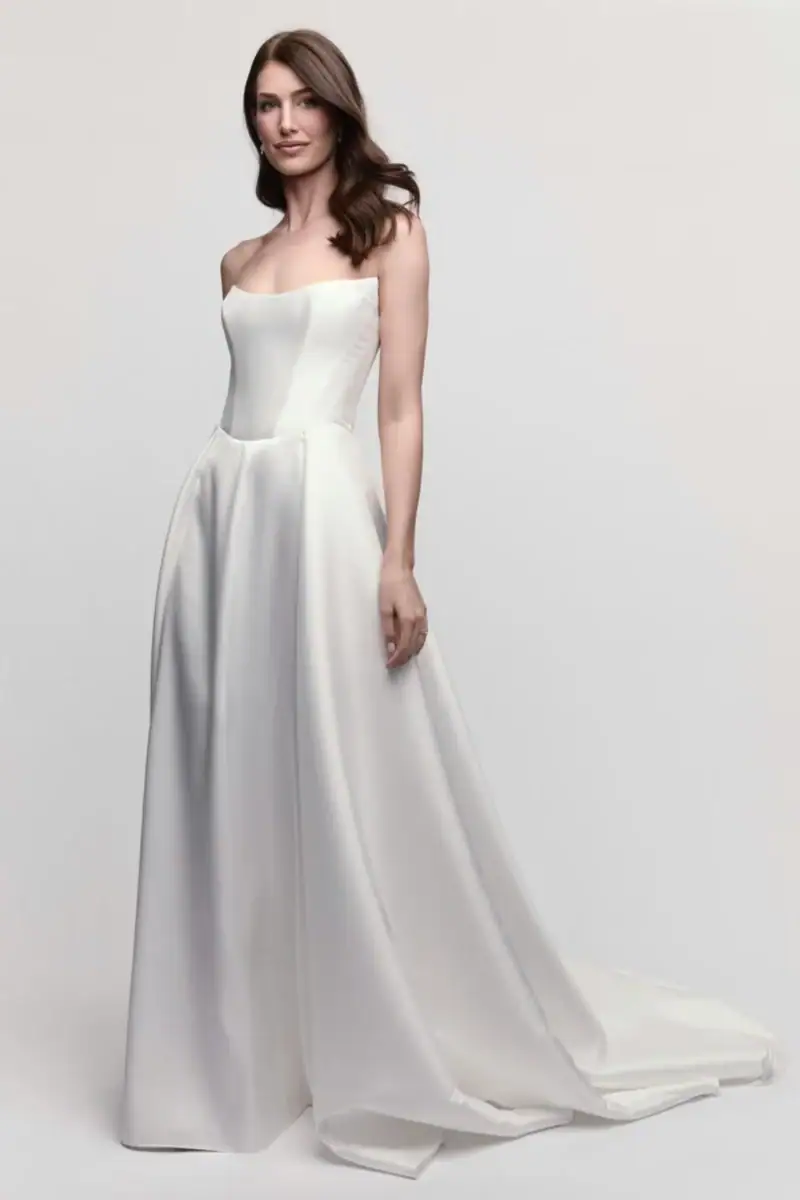 watters nectarine satin a-line wedding dress with a basque aist and pointed strapless neckline