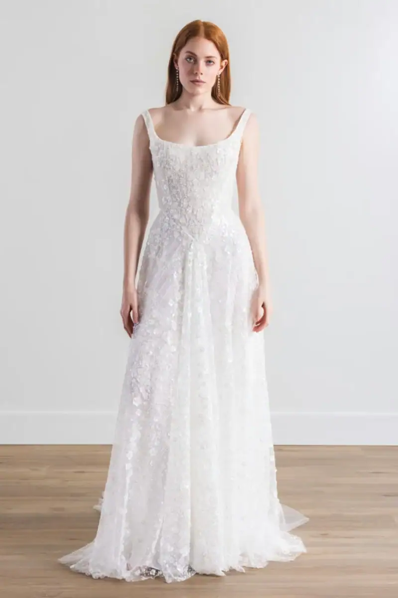 watters ruqa tulle and lace a-line wedding dress with a basque waist and square neckline