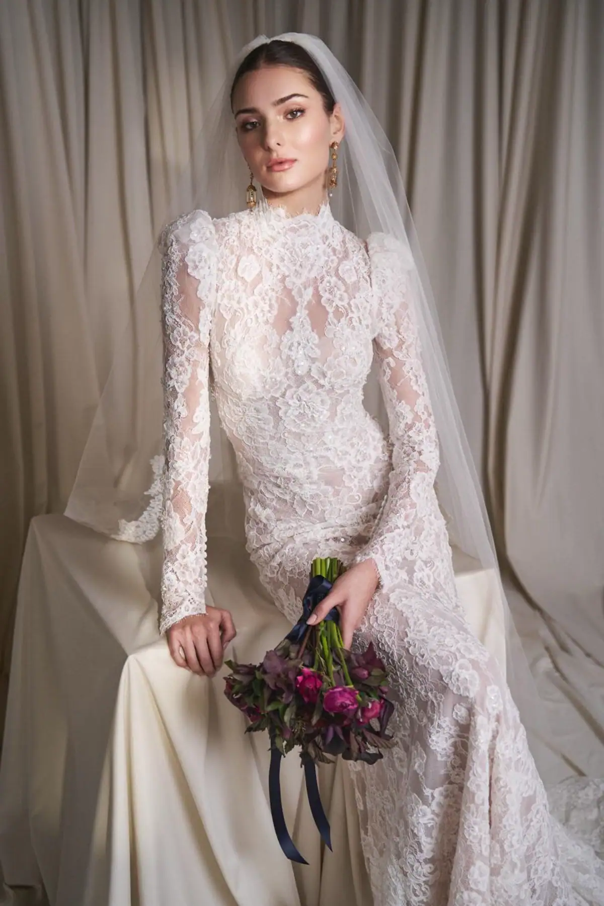 watters sydney high neck lace wedding dress with puff sleeves