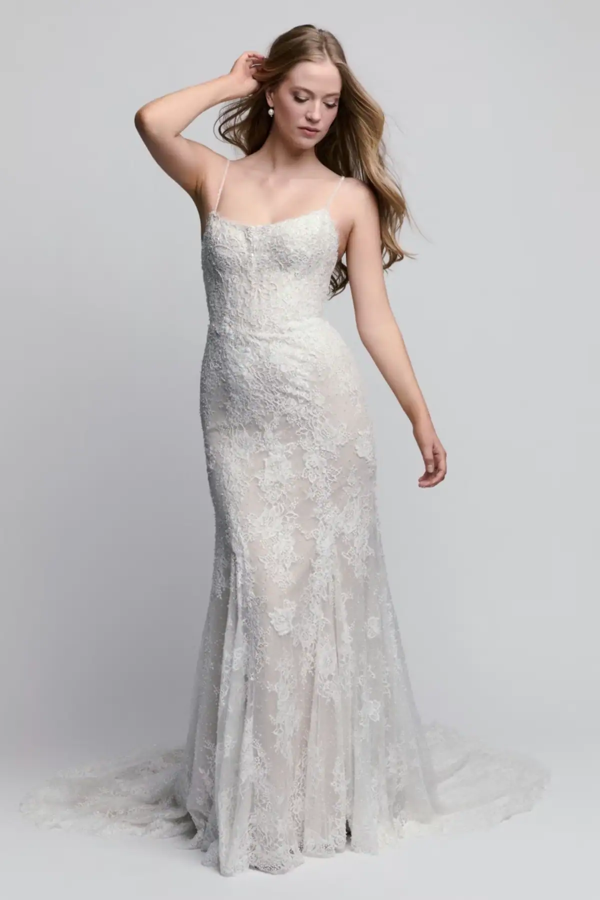 full front of watters valentina ivory lace fitted wedding dress with a scoop neckline framed by thin straps