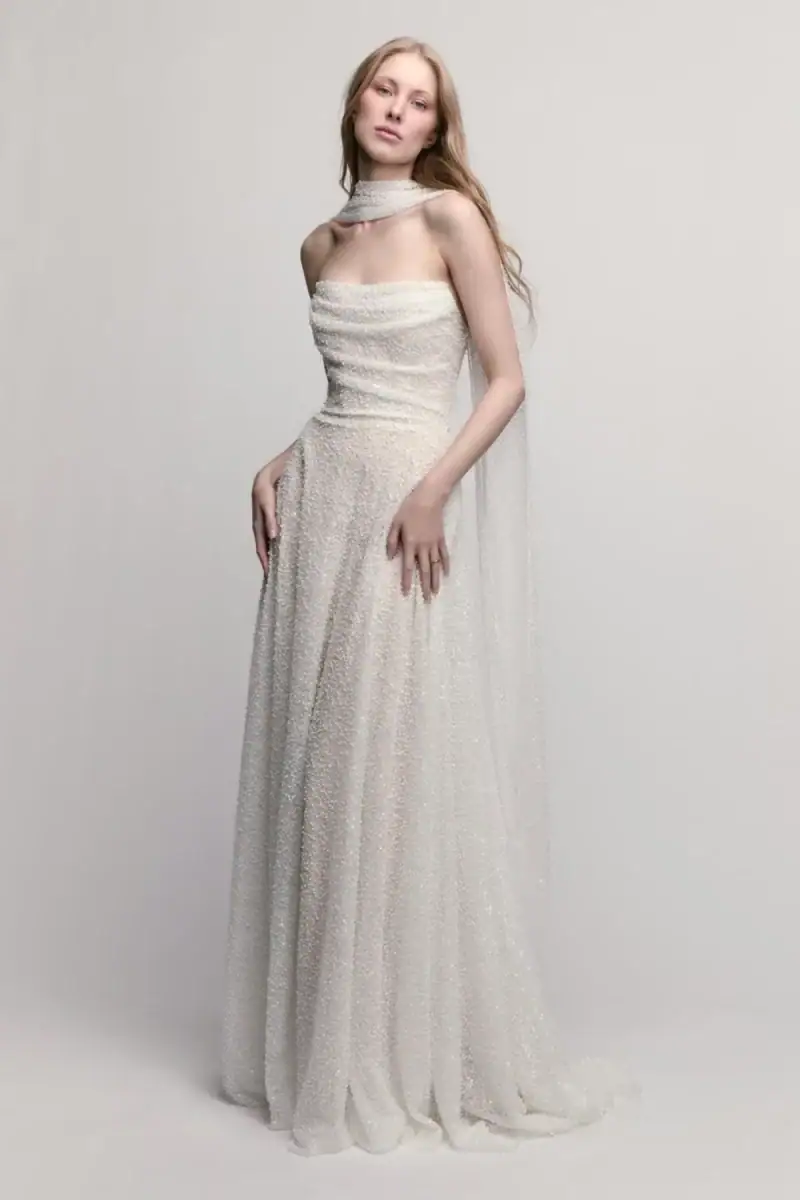 lace slim a-line wedding dress with matching neck scarf