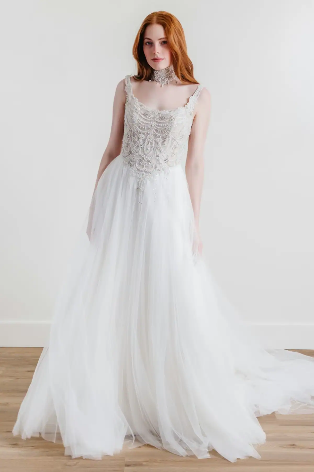 tulle a-line wedding dress with lace and beaded bodice and matching choker