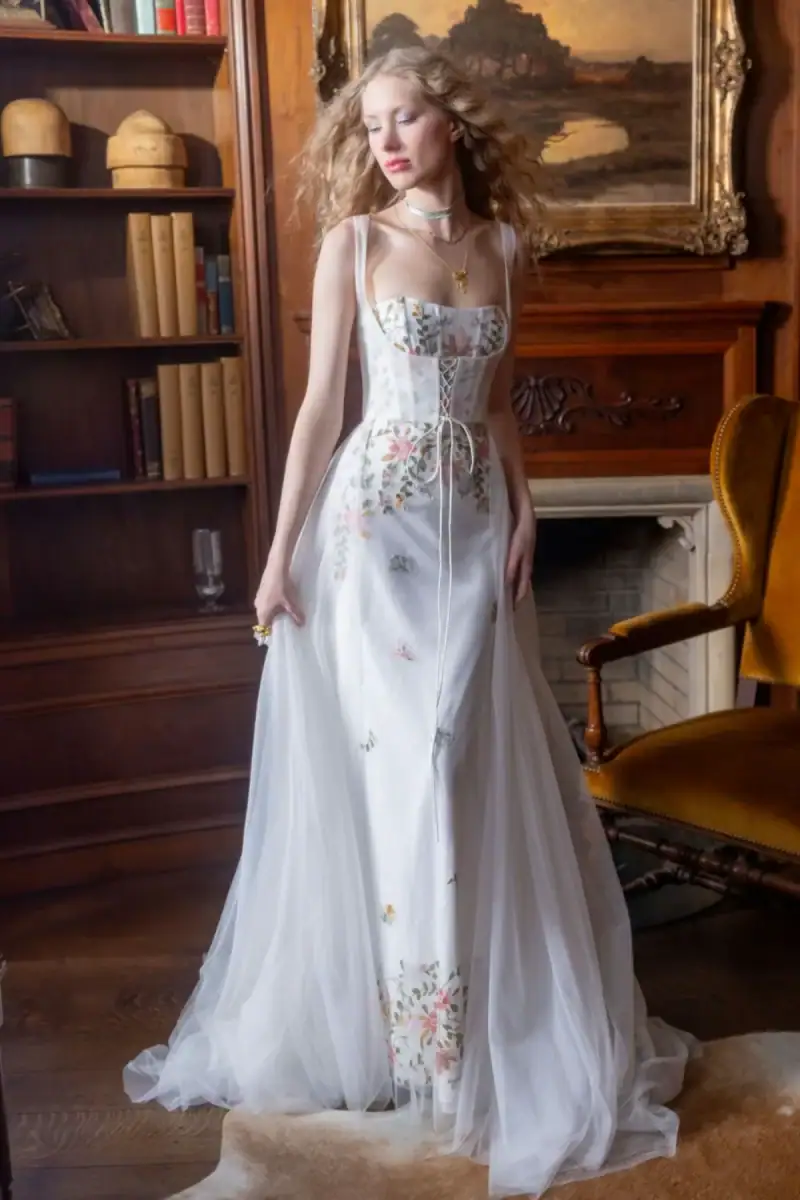 floral sheath wedding dress with matching corset style duster