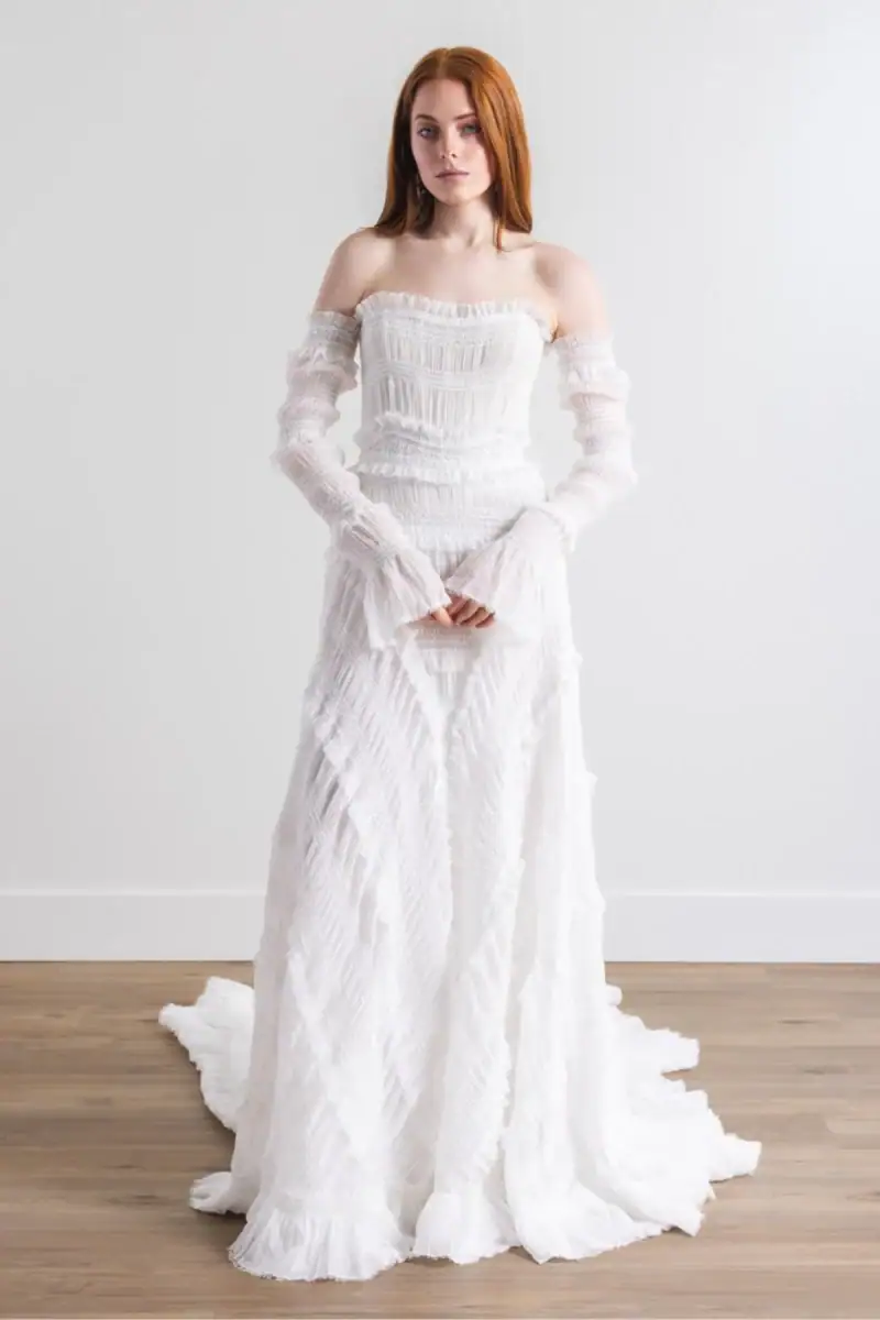 willowby by watters daphne sheath style gown with unique ruffle details and detached sleeves